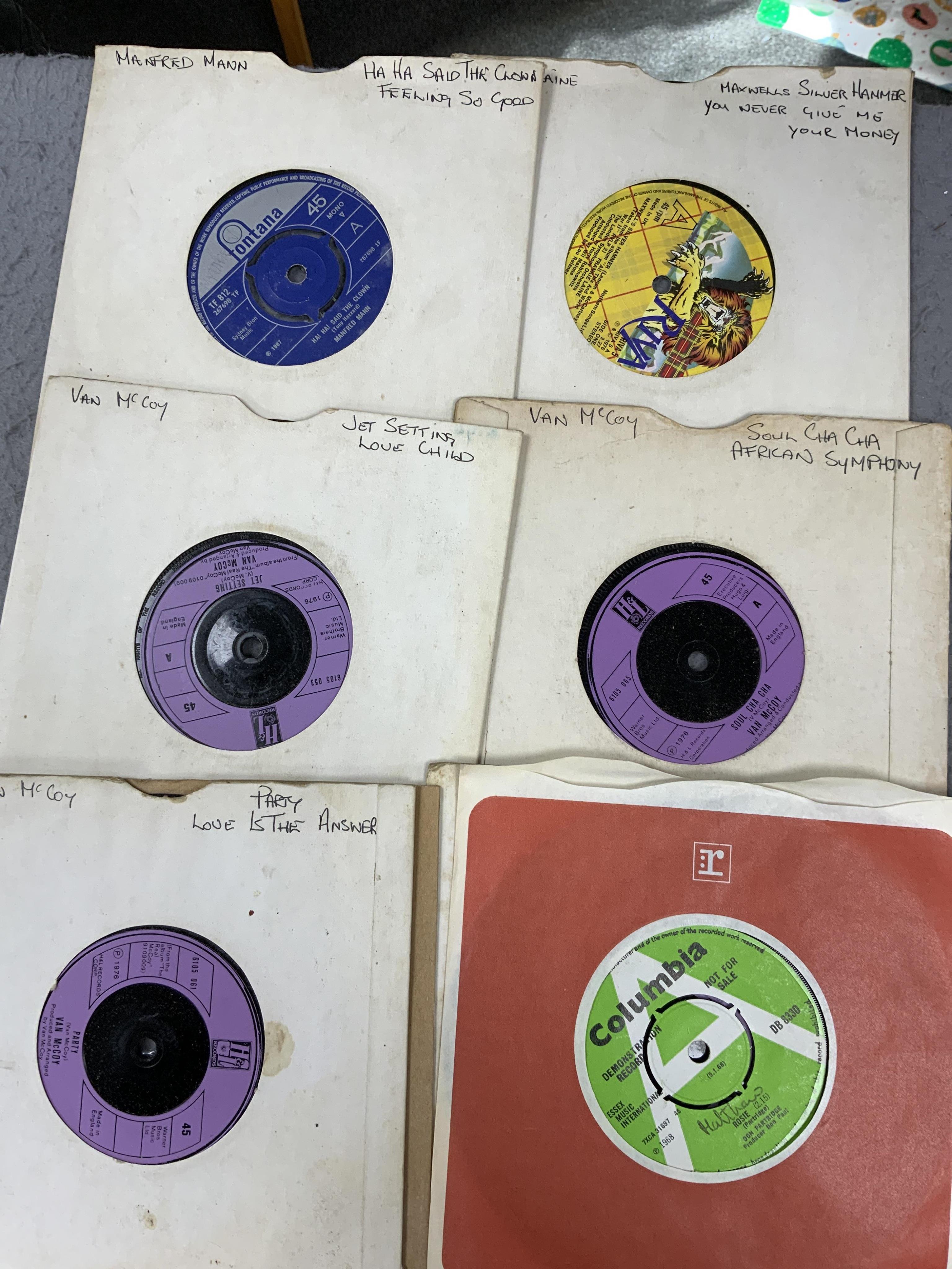 Eighty 7” singles, all with printed demo labels (some also with printed release date), record labels include; United Artists, CBS, Columbia, Parlophone, Pye, Atlantic, RCA, Decca, MGM, EMI, etc. Artists include; Mike Cli